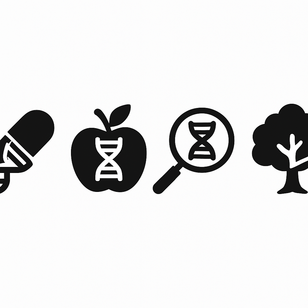 Icons representing pharmacogenomics, nutrigenomics, genetic predispositions, and ancestry